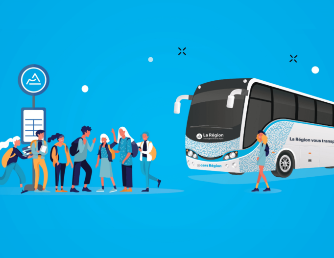 Illustration d'élèves attendant le bus de la région Auvergne-Rhône-Alpes